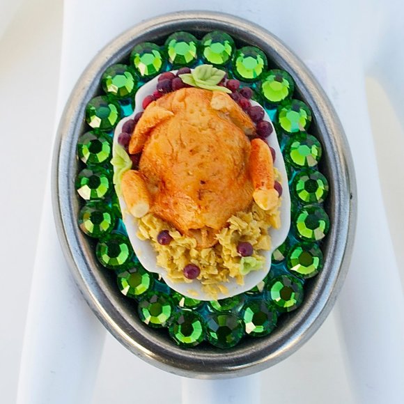 TURKEY STUFFING PLATTER SWAROVSKI RHINESTONE RING - Picture 2 of 8